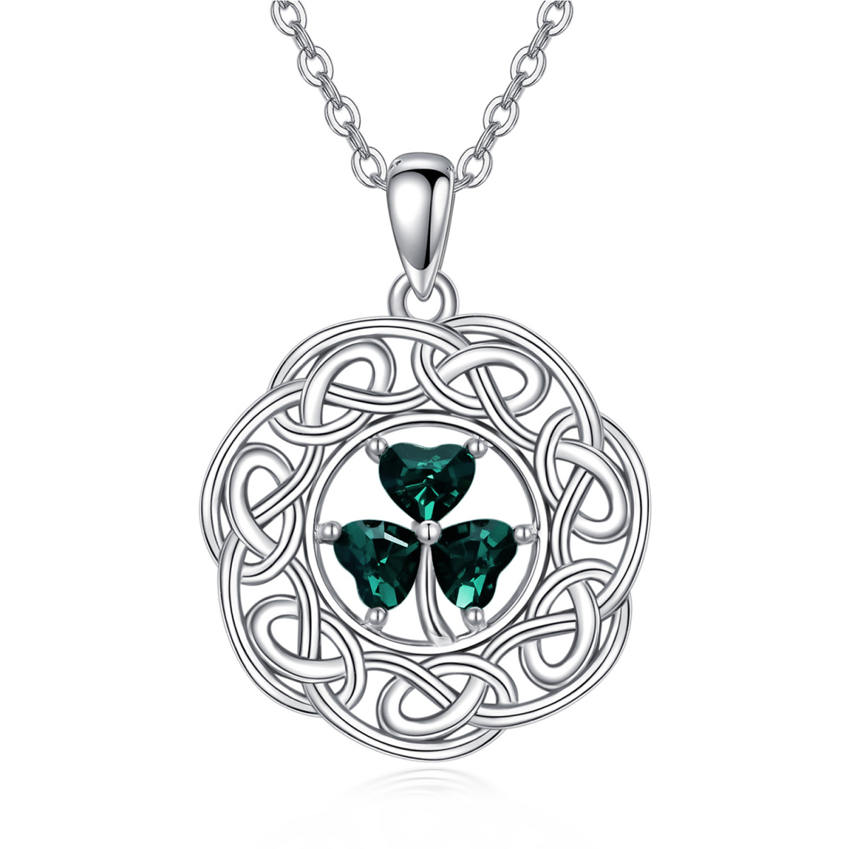 Sterling Silver Heart Zircon Shamrock & Celtic Knot Pendant Necklace-1