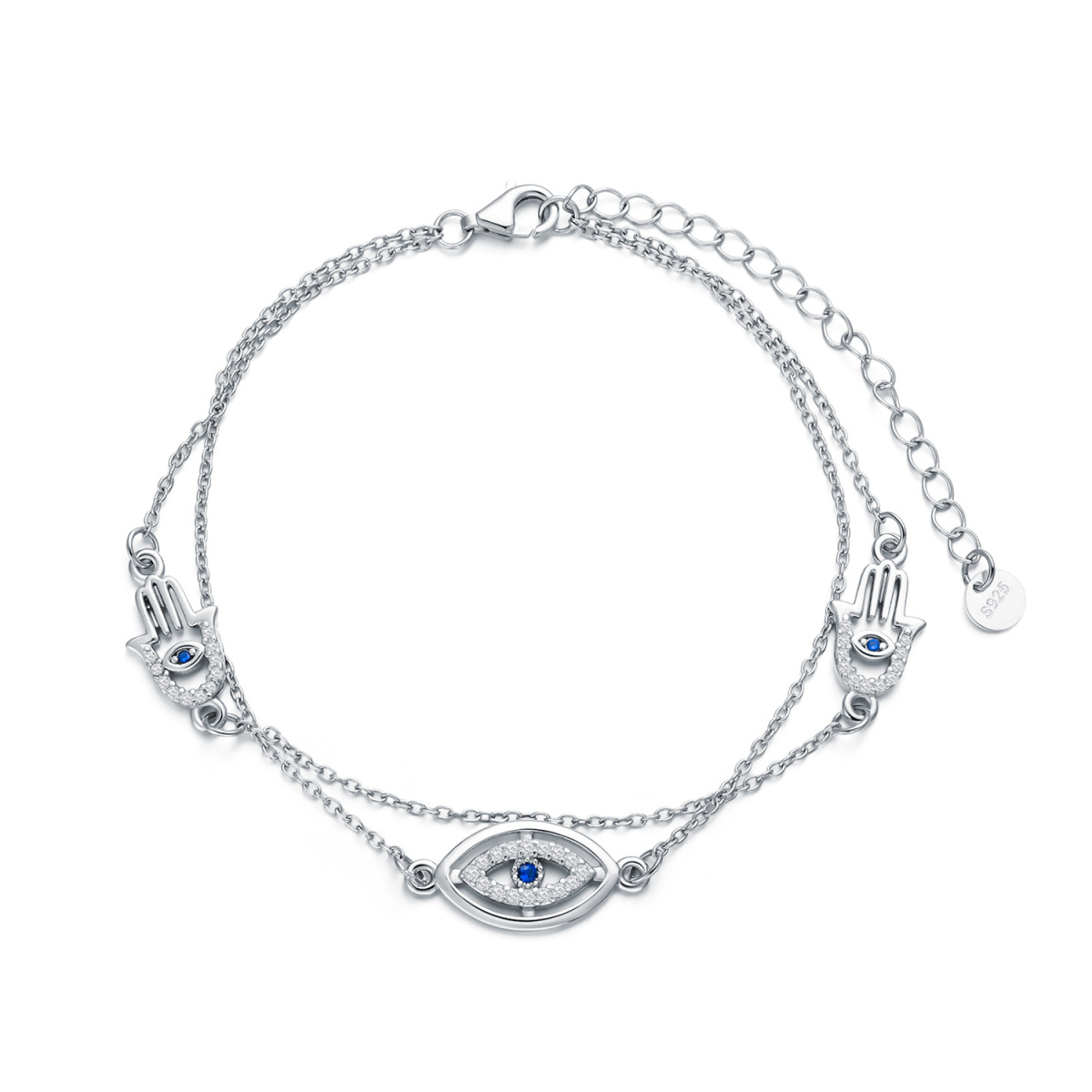 Sterling Silver Round Cubic Zirconia Evil Eye & Hamsa Hand Layerered Bracelet-1