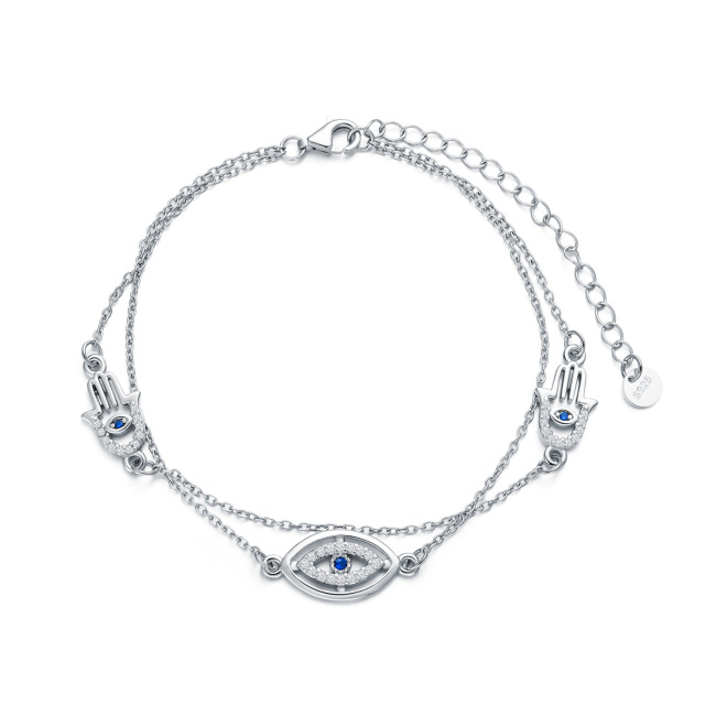 Sterling Silver Round Cubic Zirconia Evil Eye & Hamsa Hand Layerered Bracelet-0