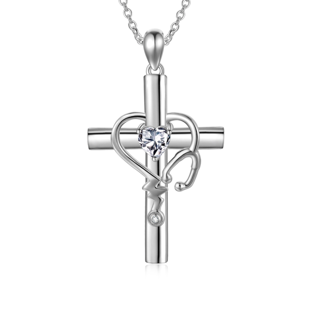 Sterling Silver Circular Shaped Cubic Zirconia Cross & Stethoscope Pendant Necklace-0