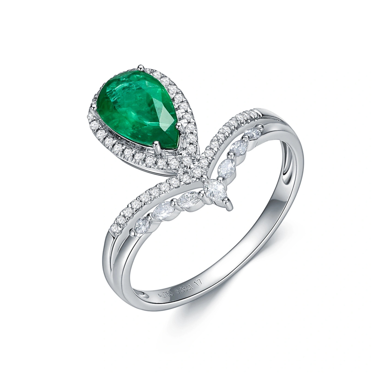 18K White Gold Emerald Drop Shape Engagement Ring-1