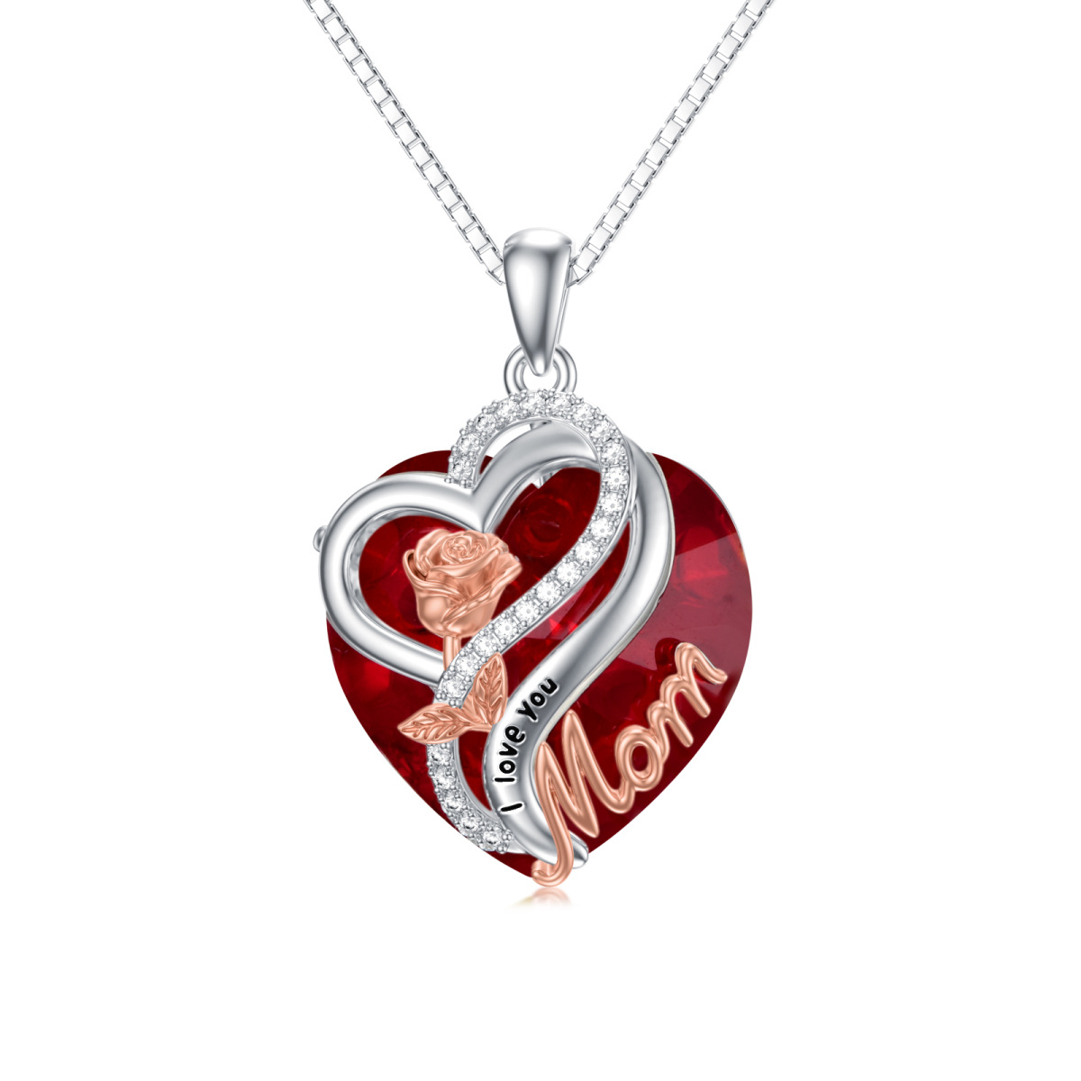 Sterling Silver Two-tone Heart Shaped Rose & Mother & Heart Crystal Pendant Necklace with Engraved Word-1