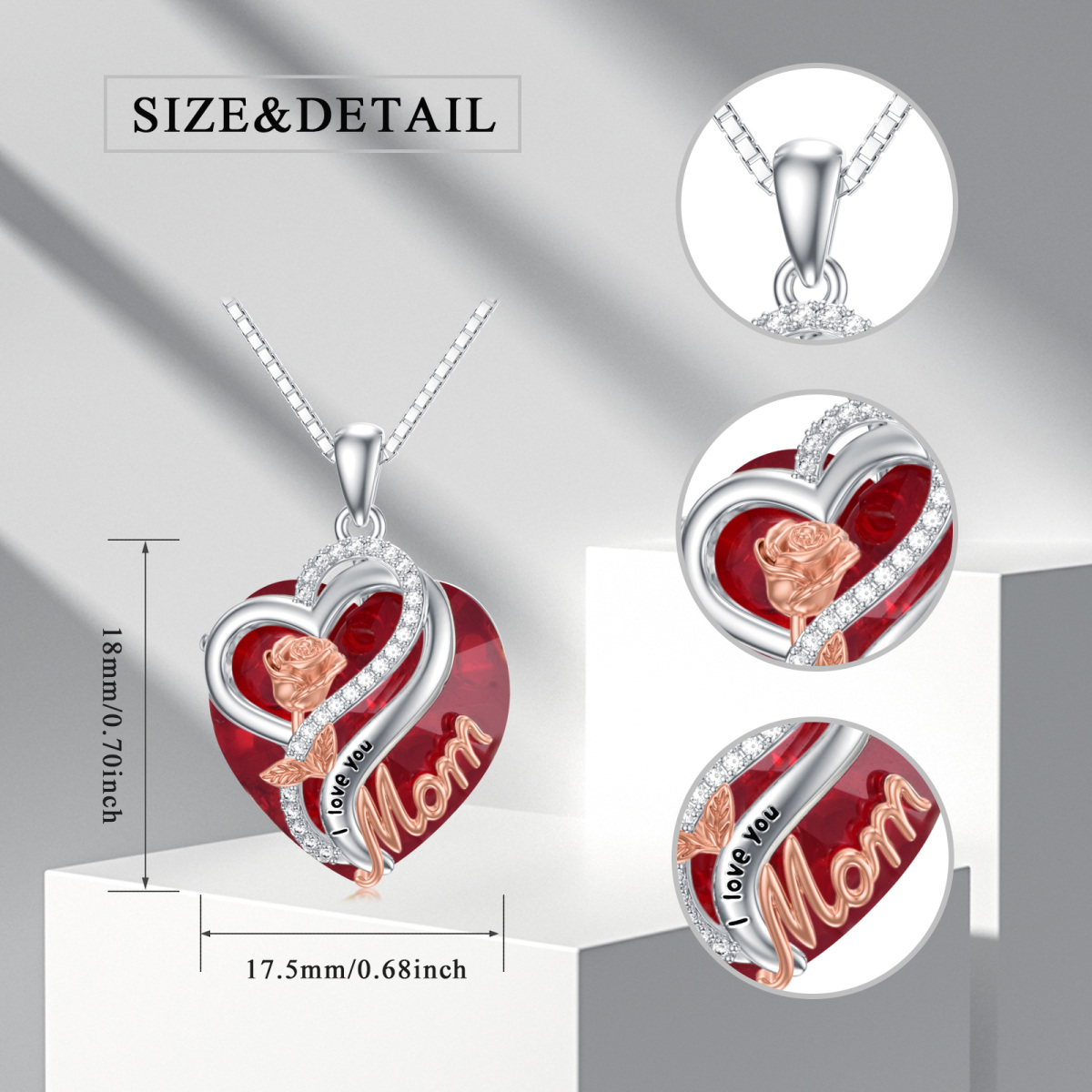 Sterling Silver Two-tone Heart Shaped Rose & Mother & Heart Crystal Pendant Necklace with Engraved Word-5