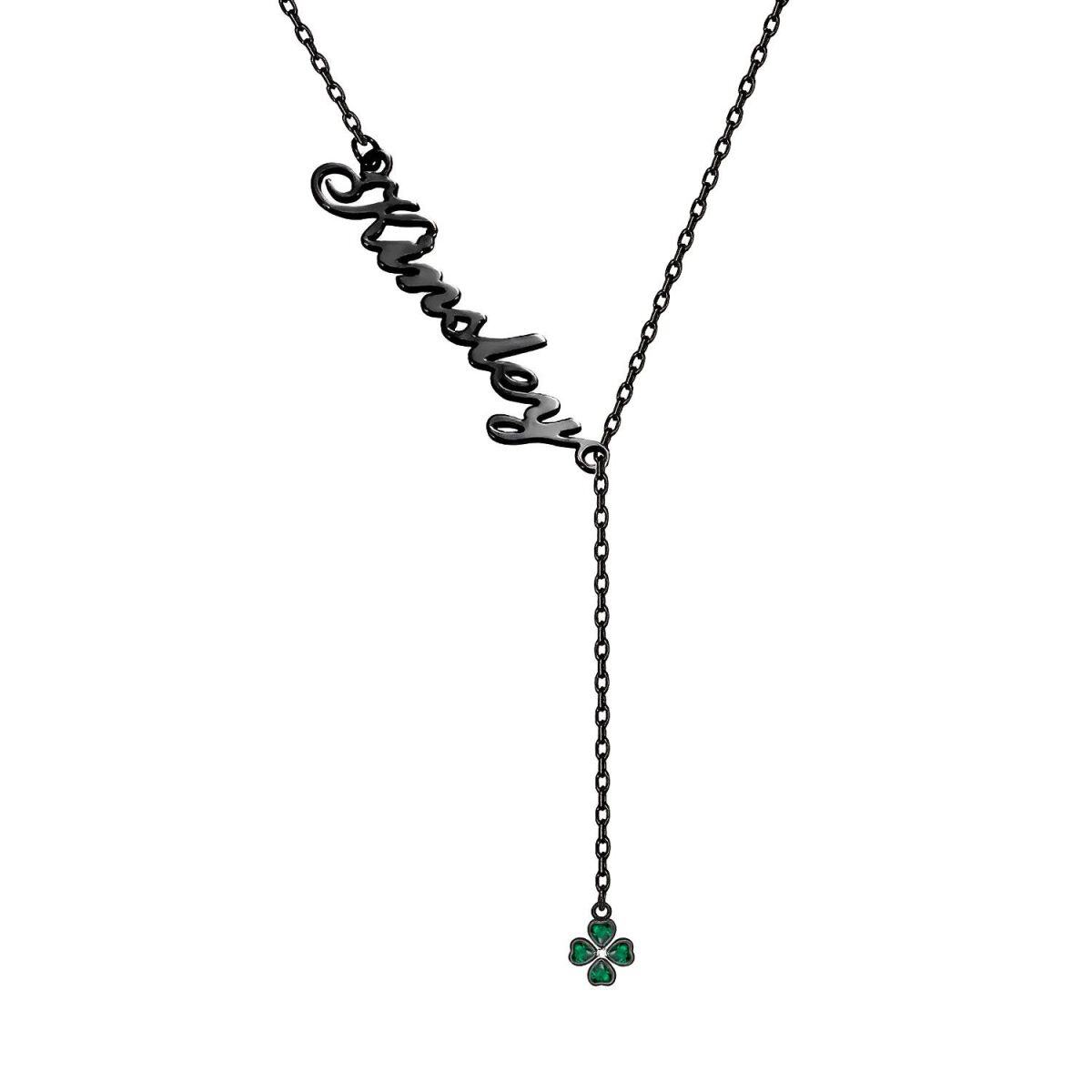 Sterling Silver with Black Color Plated Heart Zircon & Classic Name Four-leaf Clover Adjustable Y Necklace-1