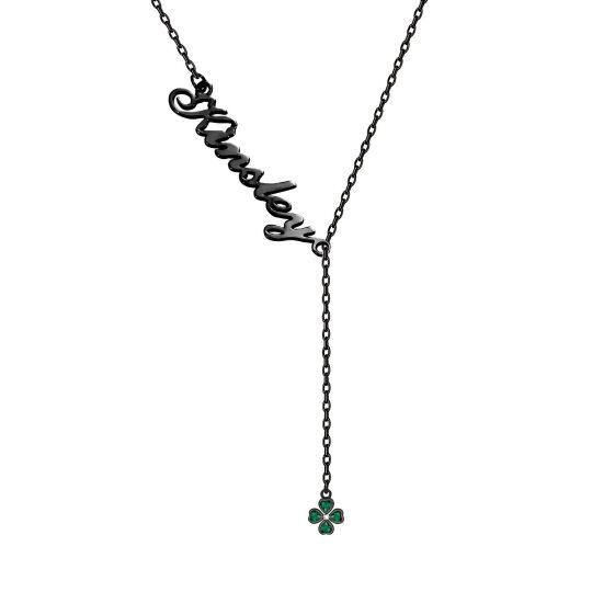 Sterling Silver with Black Color Plated Heart Zircon & Classic Name Four-leaf Clover Adjustable Y Necklace
