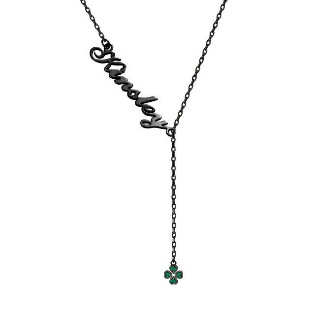 Sterling Silver with Black Color Plated Heart Zircon & Classic Name Four-leaf Clover Adjustable Y Necklace-0