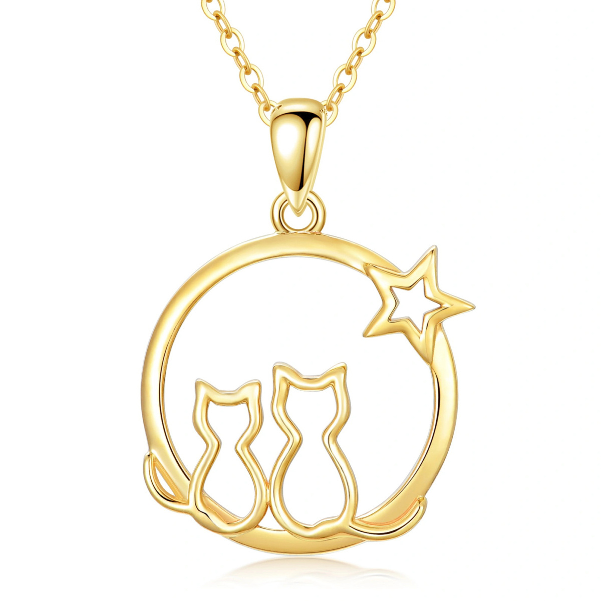 9K Gold Circular Shaped Cubic Zirconia Cat & Star Pendant Necklace-1