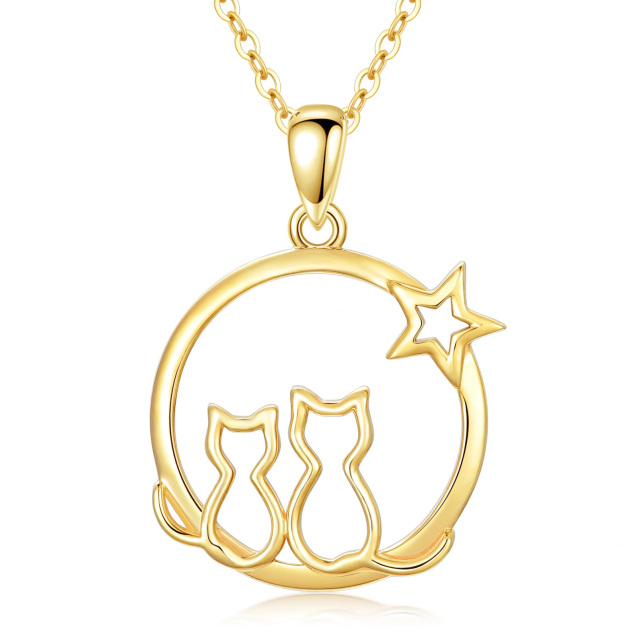 9K Gold Circular Shaped Cubic Zirconia Cat & Star Pendant Necklace-0