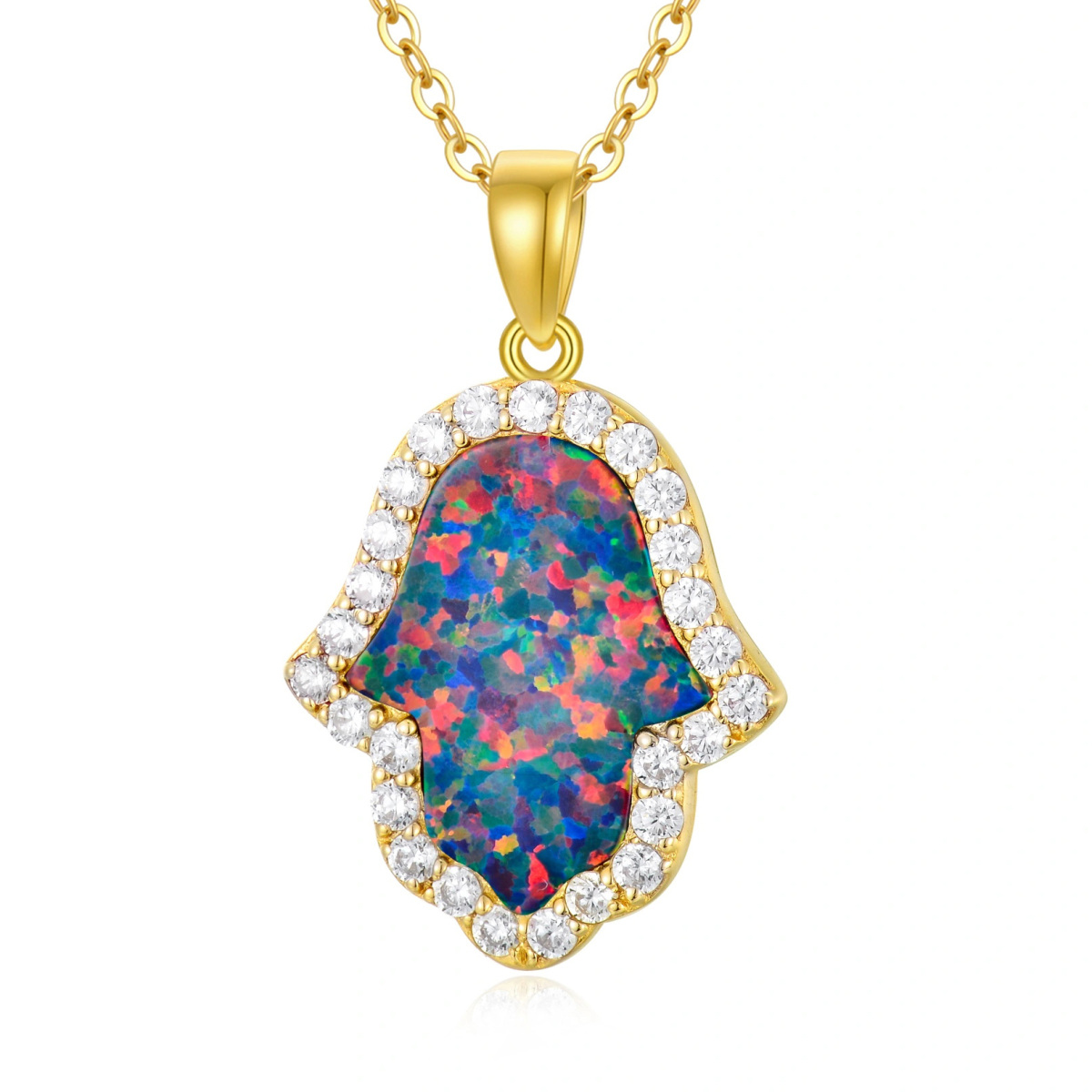 14K Gold Opal Hamsa Hand Pendant Necklace-1