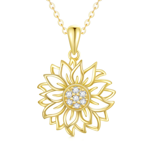 9K Gold Circular Shaped Diamond Sunflower Pendant Necklace-0