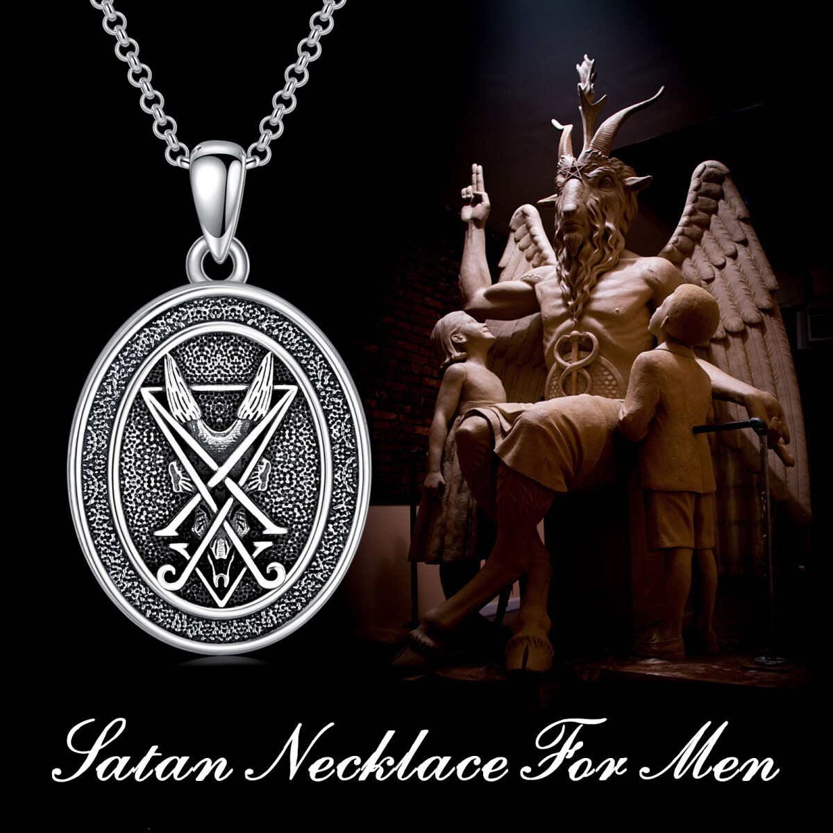 Sterling Silver Satanic Goat Pendant Necklace for Men-8