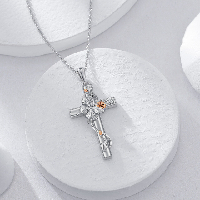 Sterling Silver Two-tone Cross & Butterfly Morning Glory Pendant Necklace-2