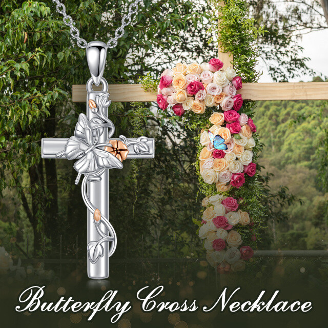 Sterling Silver Two-tone Cross & Butterfly Morning Glory Pendant Necklace-5