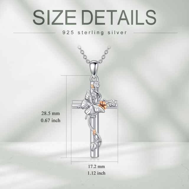 Sterling Silber zweifarbig Kreuz & Schmetterling Morning Glory Anhänger Halskette-4