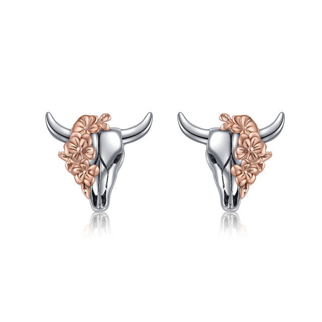 Boucles d'oreilles crâne de vache en argent sterling, tête de taureau occidental avec fleur, bijoux de cow-girl occidentale, cadeaux pour femmes et filles-0