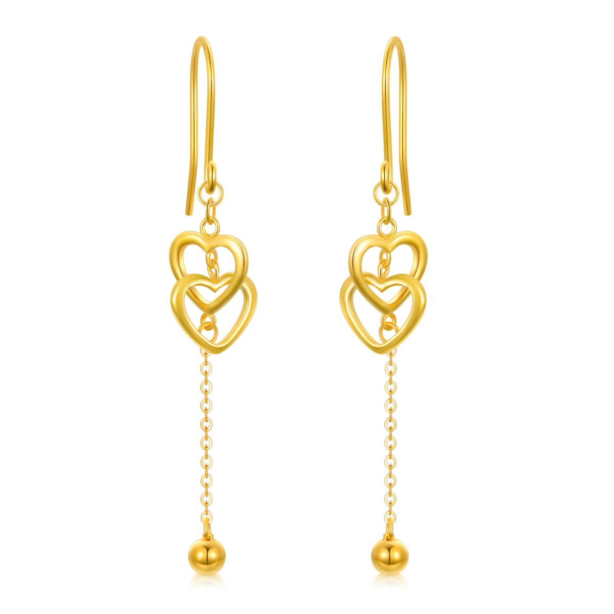 18K Gold Heart With Heart Drop Earrings-1