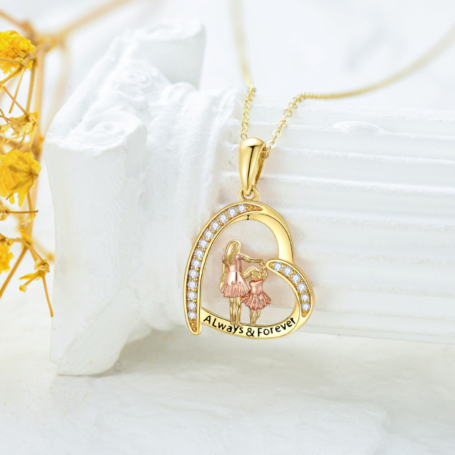 Colar com pingente de coração de mãe e filha em ouro 14K e ouro rosa com zircónias cúbicas-2