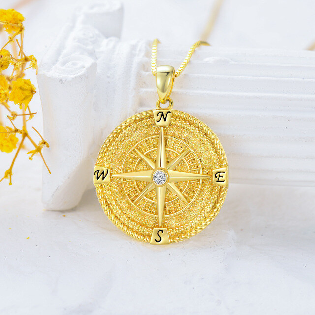 Sterling Silver with Yellow Gold Plated Circular Shaped Cubic Zirconia Compass Pendant Necklace with Initial Letter E & with Initial Letter N & with Initial Letter S & with Initial Letter W-1