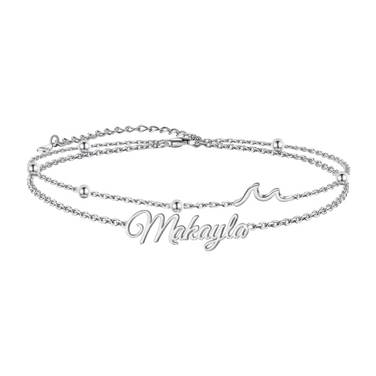 Personalized Name Wave Layered Ankle Bracelet 925 Sterling Sliver for Women
