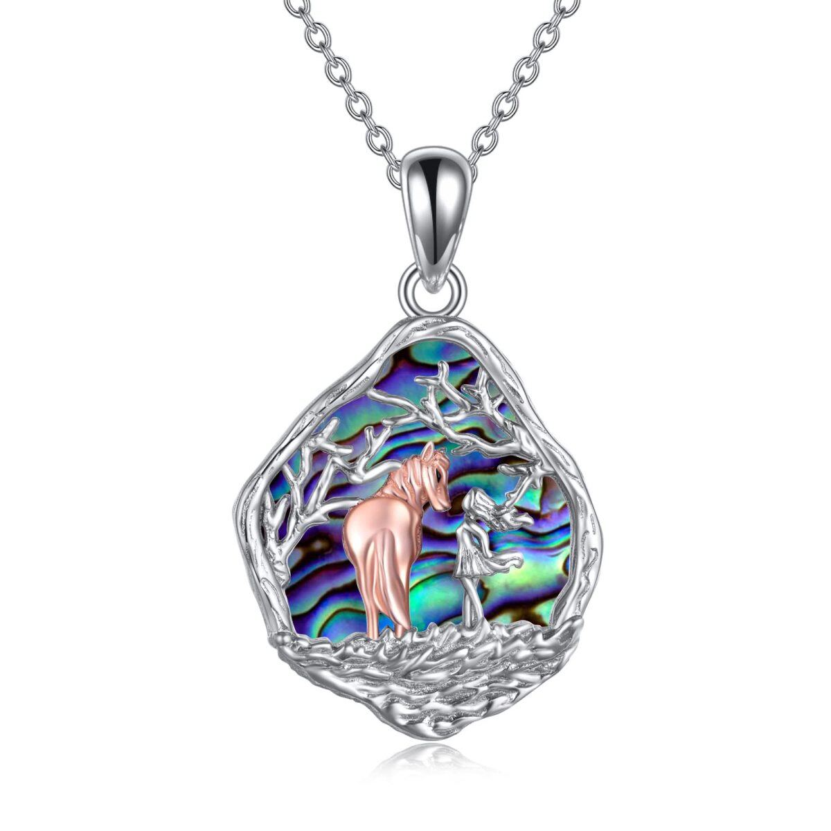 Sterling Silver Two-tone Oval Shaped Abalone Shellfish Wolf Pendant Necklace-1
