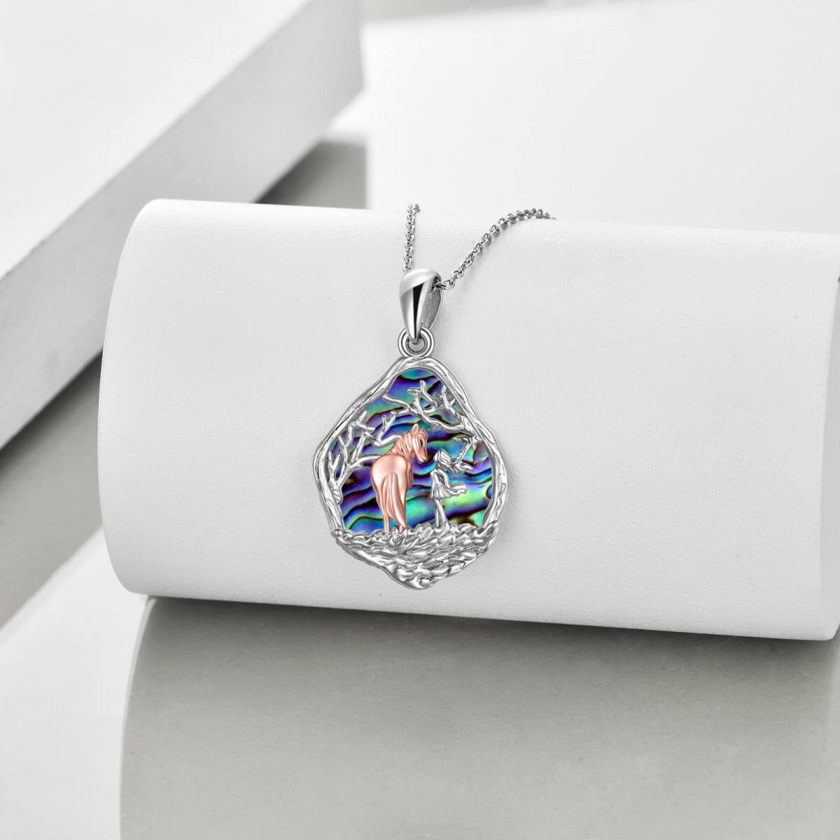 Sterling Silver Two-tone Oval Shaped Abalone Shellfish Wolf Pendant Necklace-6