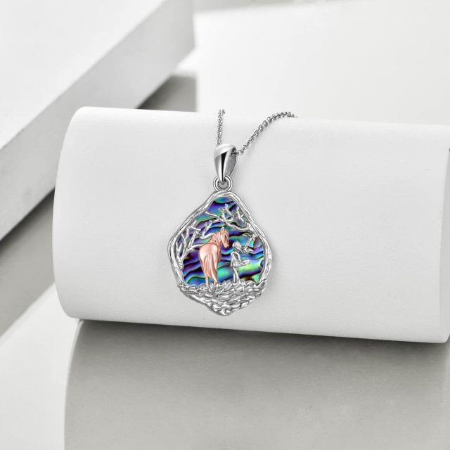 Sterling Silver Two-tone Oval Shaped Abalone Shellfish Wolf Pendant Necklace-5