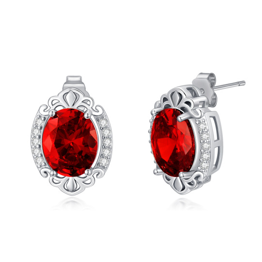 Sterling Silver Circular Shaped Garnet Round Stud Earrings