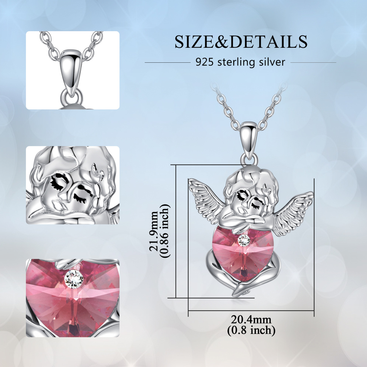 Sterling Silver Heart Crystal Angel Wings Pendant Necklace-6