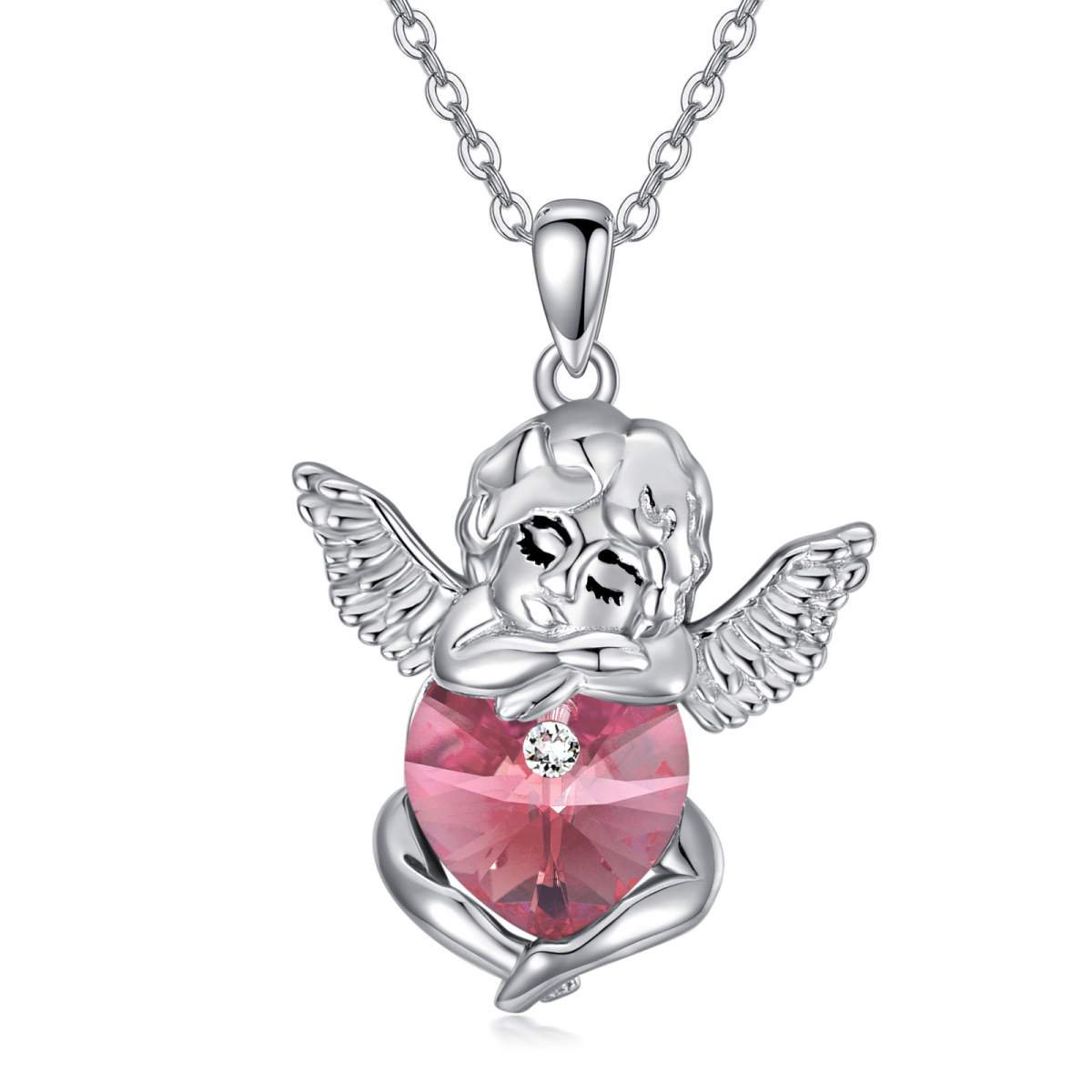 Sterling Silver Heart Crystal Angel Wings Pendant Necklace-1