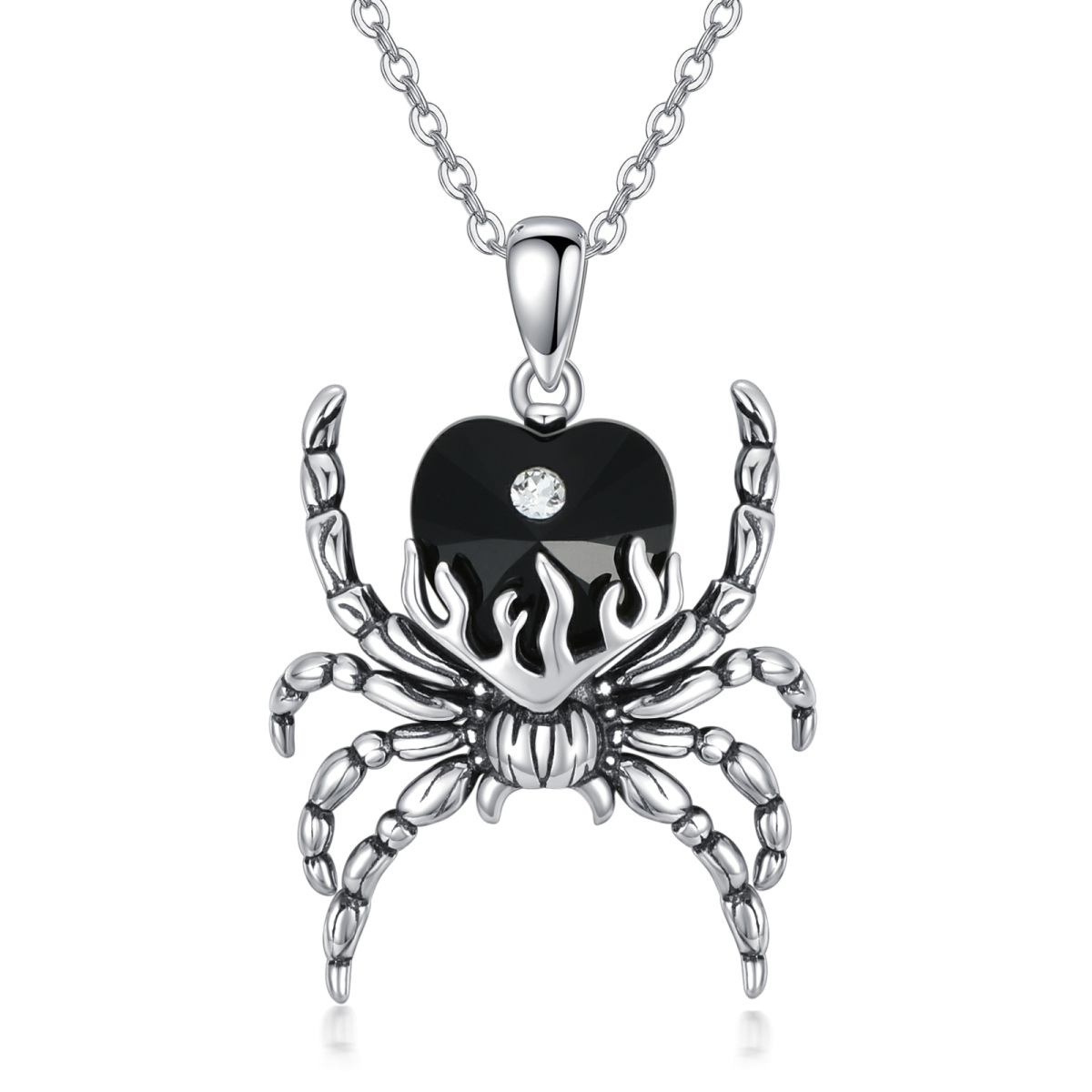 Sterling Silver Heart Crystal Spider Pendant Necklace-1