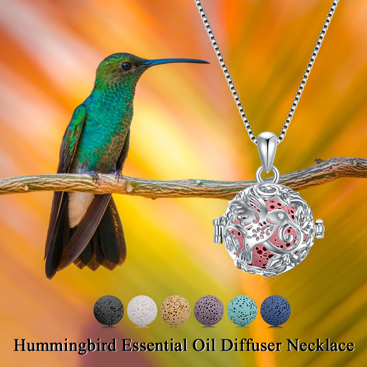 Sterling Silver Circular Shaped Volcanic Stone Hummingbird Pendant Necklace-6