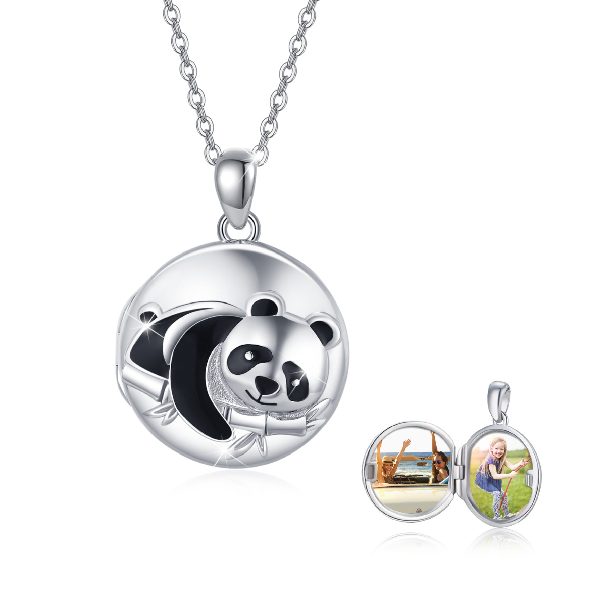 Sterling Silver Panda & Bamboo Round Pendant Personalized Photo Locket Necklace-1
