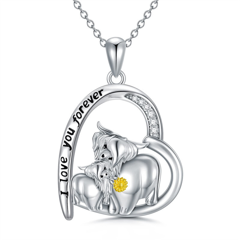 Sterling Silver Cubic Zirconia Highland Cow & Sunflower & Heart Pendant Necklace with Engraved Word-1