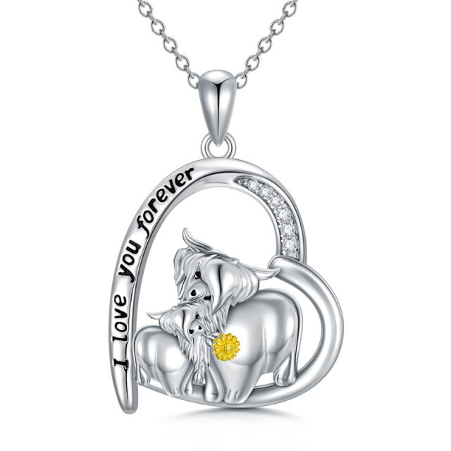 Sterling Silver Cubic Zirconia Highland Cow & Sunflower & Heart Pendant Necklace with Engraved Word-0