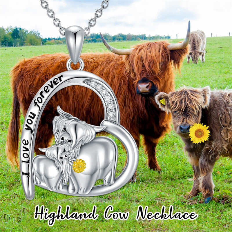 Collier avec pendentif en forme de cœur en forme de tournesol et de vache des Highlands en argent sterling et oxyde de zirconium avec mot gravé-6