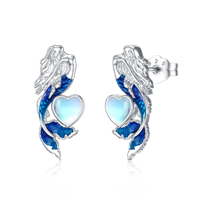 Sterling Silver Heart Shaped Moonstone Mermaid Tail Stud Earrings-3