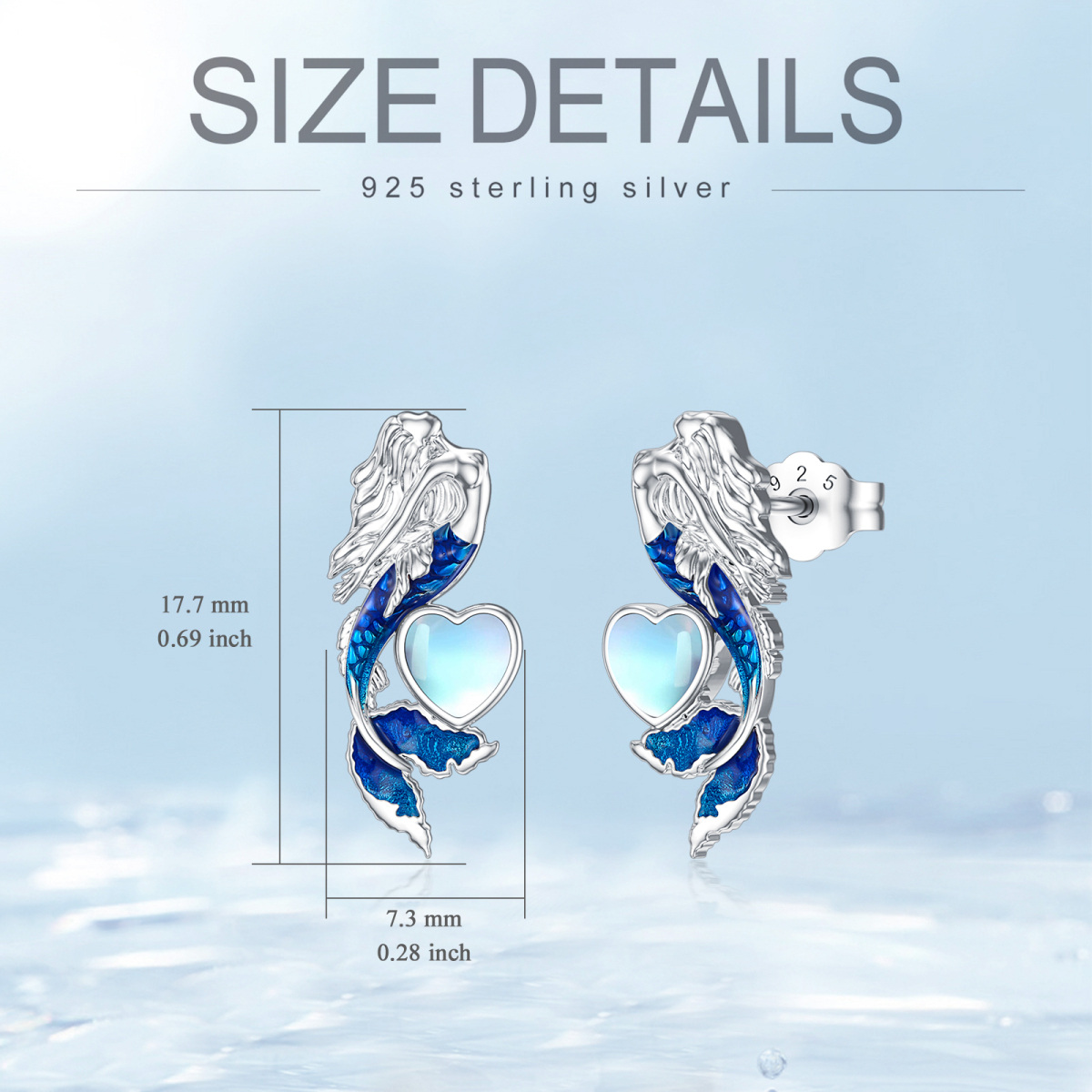 Sterling Silver Heart Shaped Moonstone Mermaid Tail Stud Earrings-4