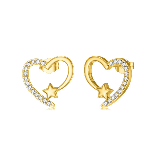 Brincos de estrela em forma de coração com zircônia cúbica em ouro amarelo 14K para mulheres