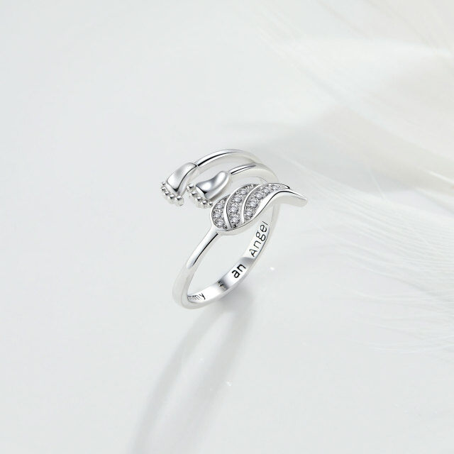 Sterling Silver Cubic Zirconia Angel Wing & Footprints Open Ring with Engraved Word-4