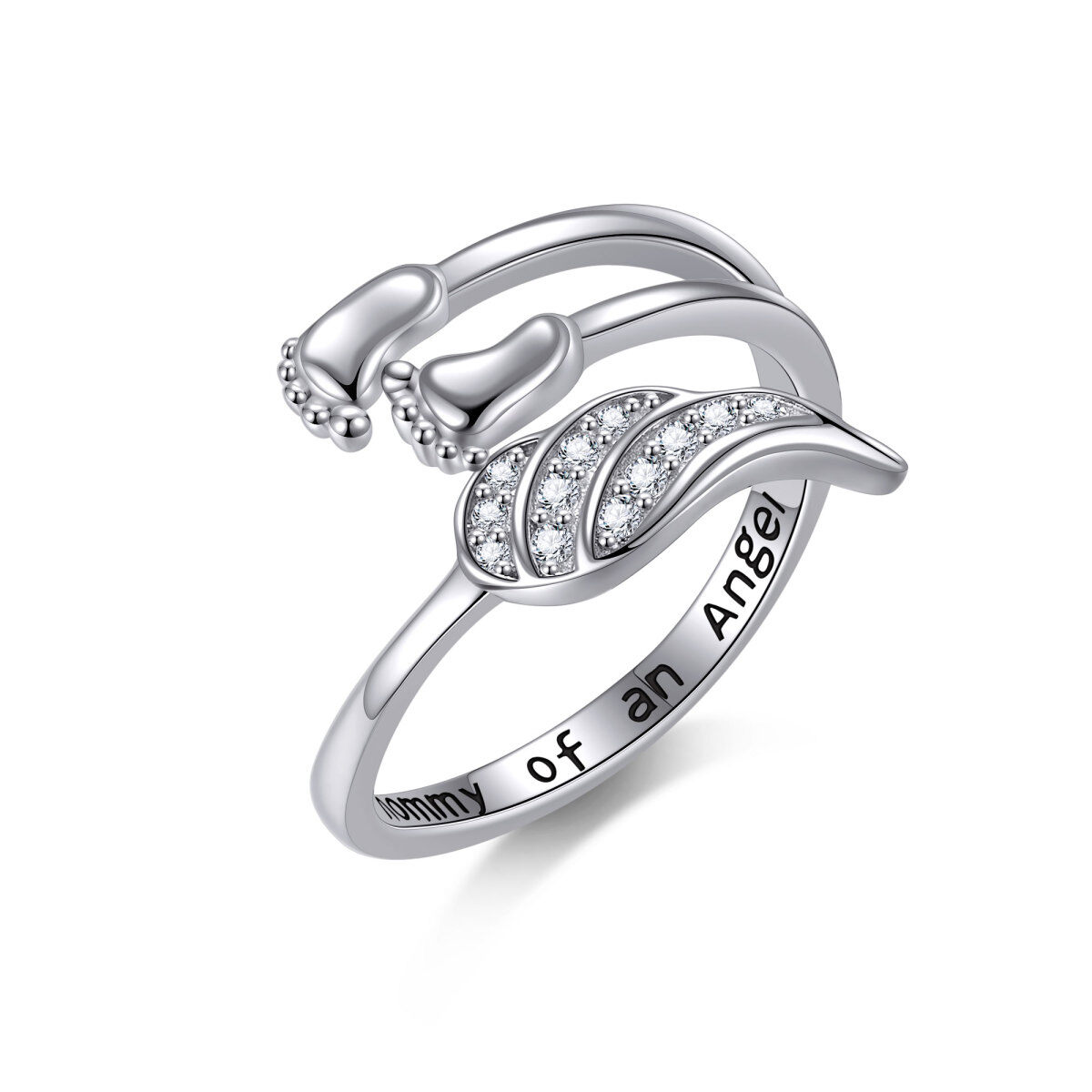 Sterling Silver Cubic Zirconia Angel Wing & Footprints Open Ring with Engraved Word-1