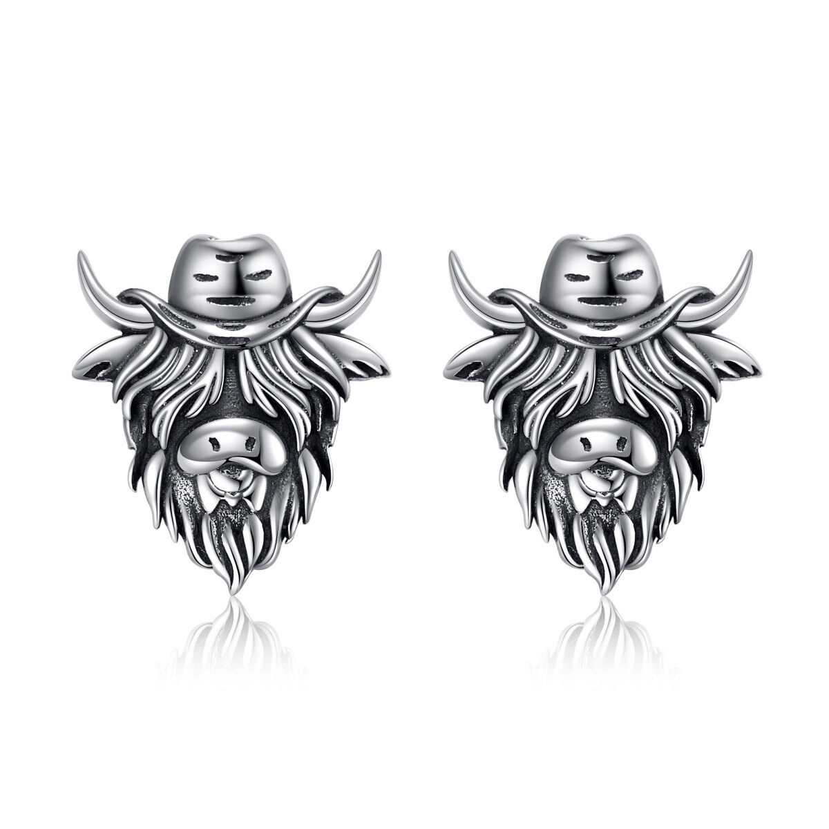 Sterling Silver Highland Cow & Cowboy Hat Stud Earrings-1