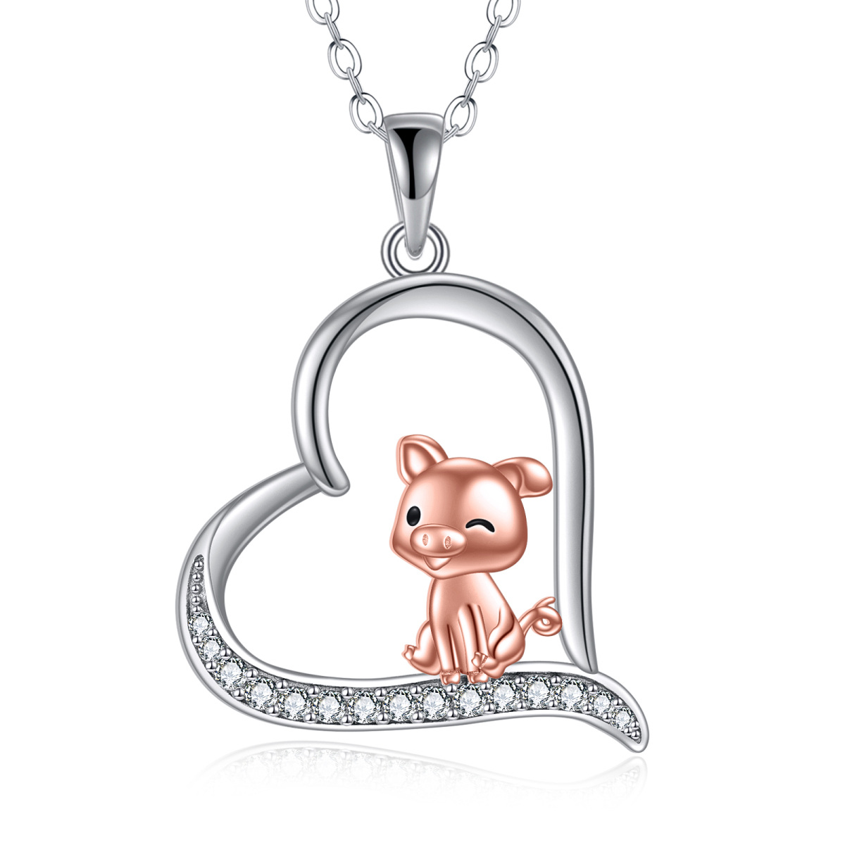 Sterling Silver Two-tone Cubic Zirconia Pig & Heart Pendant Necklace-1