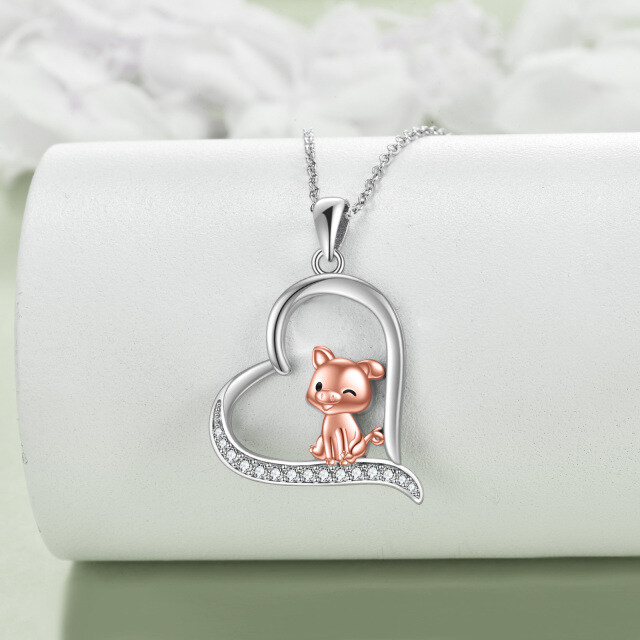 Sterling Silver Two-tone Cubic Zirconia Pig & Heart Pendant Necklace-2