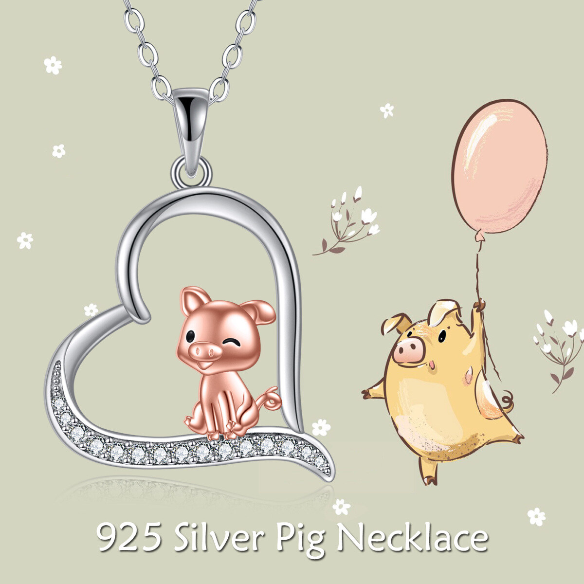 Sterling Silver Two-tone Cubic Zirconia Pig & Heart Pendant Necklace-6
