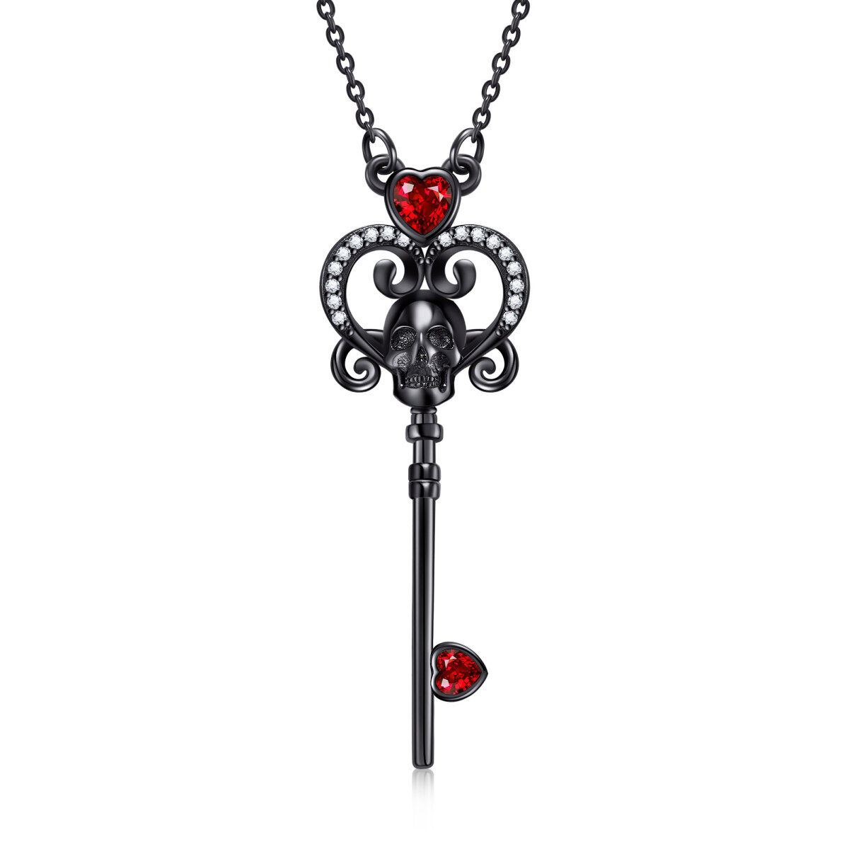 Sterling Silver with Black Rhodium Color Circular Shaped & Heart Shaped Cubic Zirconia Heart & Key & Skull Pendant Necklace-1