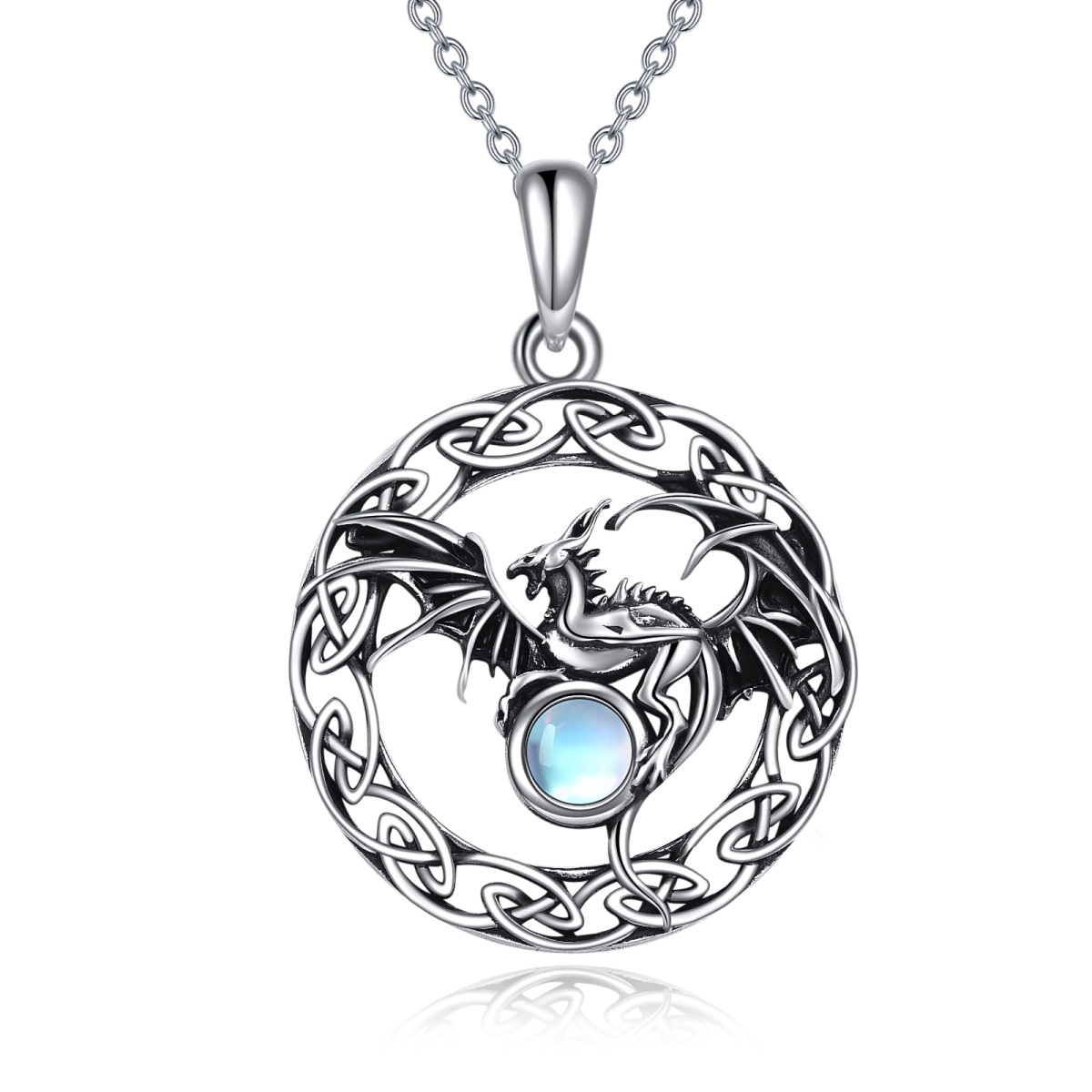 Sterling Silver Two-tone Circular Shaped Moonstone Dragon & Celtic Knot Pendant Necklace-1