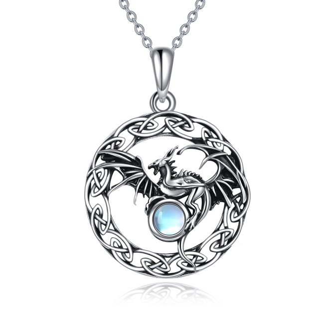 Sterling Silver Two-tone Circular Shaped Moonstone Dragon & Celtic Knot Pendant Necklace-0
