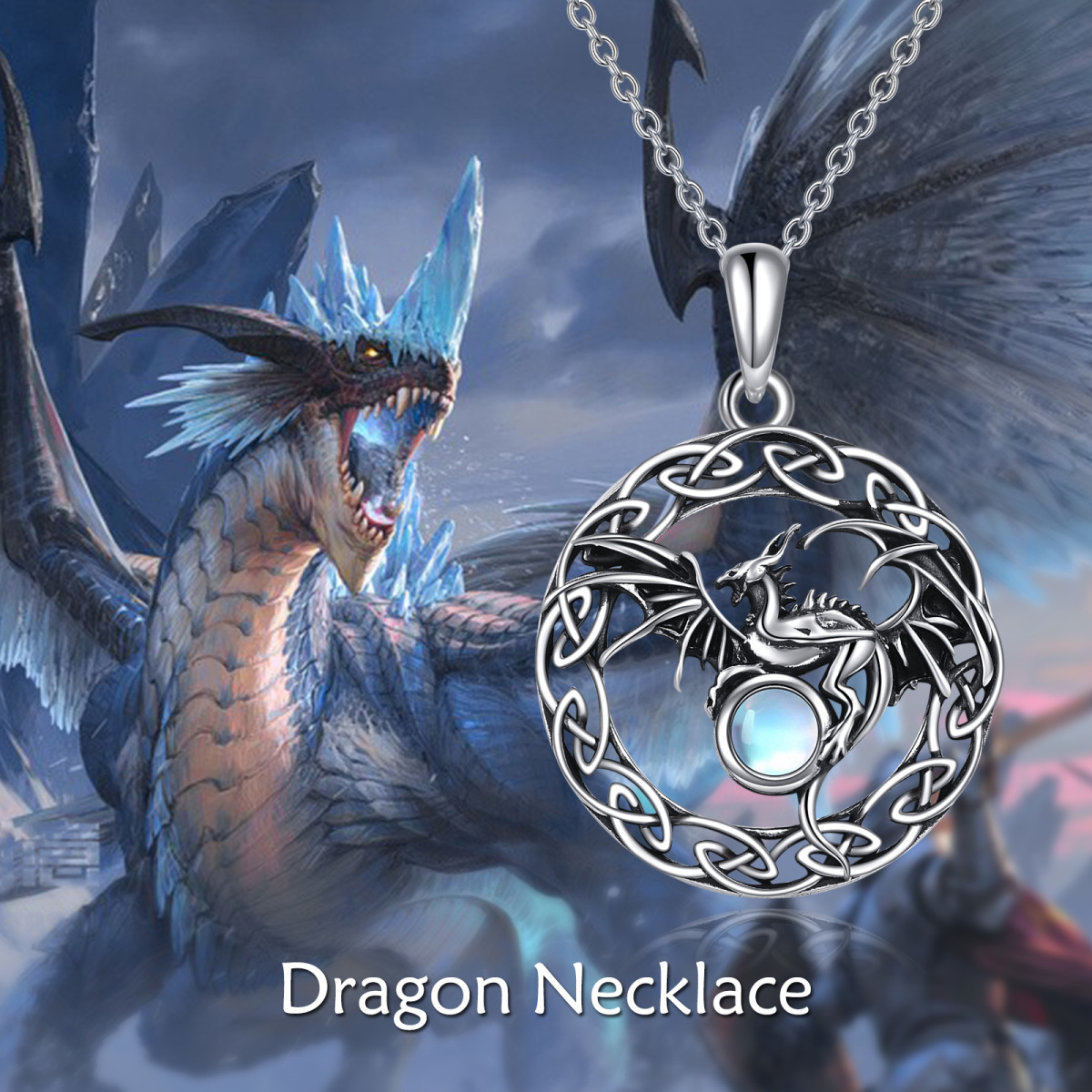 Sterling Silver Two-tone Circular Shaped Moonstone Dragon & Celtic Knot Pendant Necklace-6