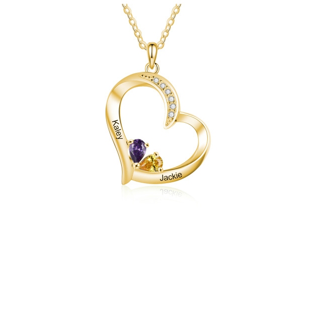 10K Gold Heart Shaped Cubic Zirconia Personalized Birthstone & Heart Pendant Necklace-0