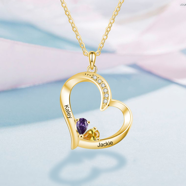 10K Gold Heart Shaped Cubic Zirconia Personalized Birthstone & Heart Pendant Necklace-2